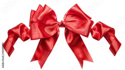 A vibrant red satin bow elegantly tied in a decorative style, perfect for gift wrapping or festive occasions, set against a clean background emphasizing its glossy texture
