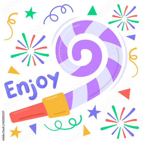 The image displays a party horn, also known by various names such as blow-out, blower, noisemaker, or tweeter. 