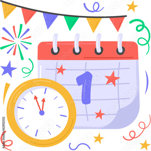 New Year-themed illustration featuring a calendar, a clock, and celebratory elements like fireworks and confett
