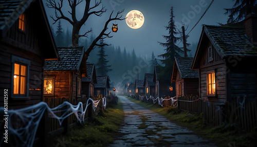 Halloween night spooky cityscape with moonlit sky and haunted buildings silhouette