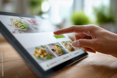 Close-Up of Food Delivery App on Tablet Screen. Over-the-shoulder view of a tablet screen displaying a generic food delivery app menu, finger selecting meal, cozy evening light.