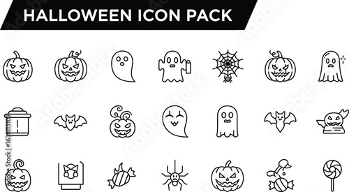 A collection of halloween themed line art icons on a white background