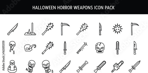 Illustration of halloween horror weapons and skulls in a line art style