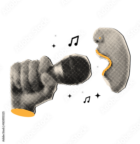 Trendy music halftone collage with halftone hand holding microphone and singing mouth