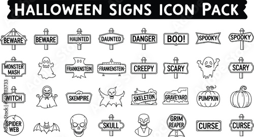 Collection of halloween themed signs and icons in black and white line art