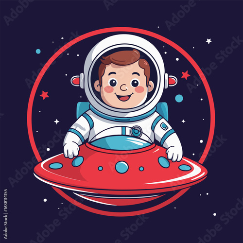 A cute astronaut happily piloting a whimsical spaceship UFO while exploring a magical outer space scene filled with twinkling stars and friendly aliens.