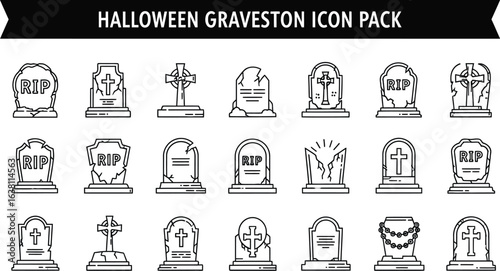A collection of gravestone icons with various designs for halloween theme