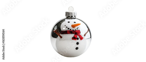 A festive holiday ornament featuring a cheerful snowman with a carrot nose, scarf, and twigs for arms, set against a white background, perfect for seasonal decorations and celebrations