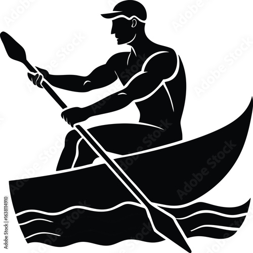 Silhouette of a muscular man kayaking, paddle in hand, on stylized wavy water, wearing a cap; black and white, strong contrast, dynamic action.
