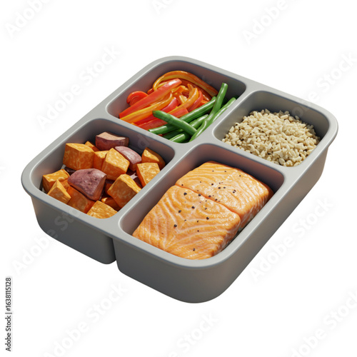 Divided meal prep container with salmon sweet potatoes peppers green beans and rice dish