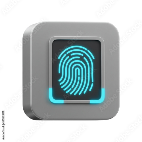 Illuminated fingerprint scanner with gray frame and blue glowing fingerprint image