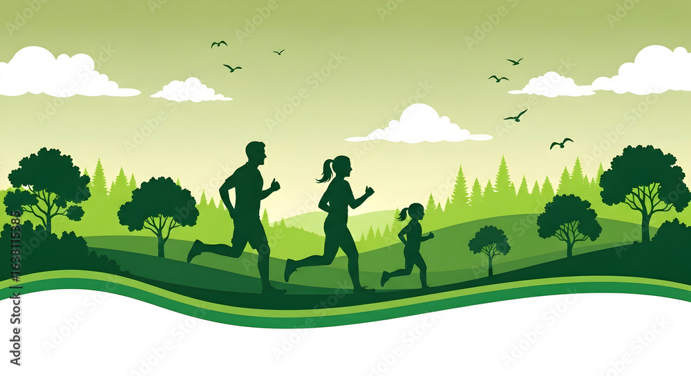 Family Running Silhouette in Green Landscape Illustration Family Running Silhouette in Green Landscape Illustration