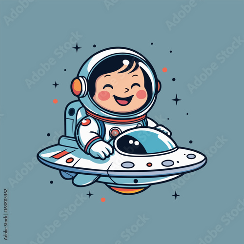 An adorable astronaut happily steering a whimsical spaceship UFO while exploring a magical outer space scene filled with friendly aliens and radiant cosmic lights.
