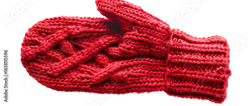 A vibrant red knitted mitten with intricate patterns, positioned against a white background, showcasing its texture and warmth, ideal for winter fashion or cozy accessory promotions