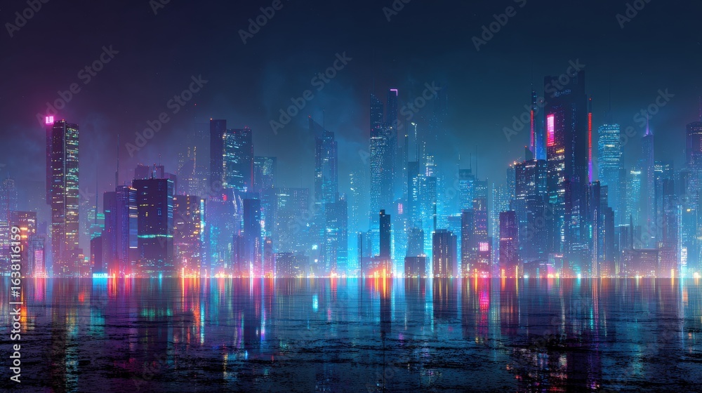 Fototapeta premium Cyberpunk city at night with glowing streets, isolated on a white background