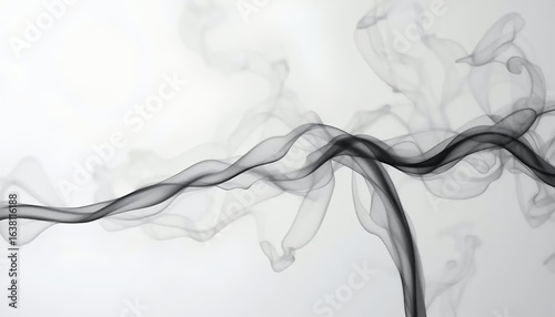 Thin curling smoke trails on a pure white background, minimalist and clean composition, crisp detail.