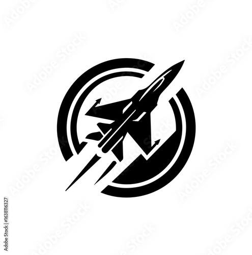A stylized fighter jet emblem, soaring within a circular design element.