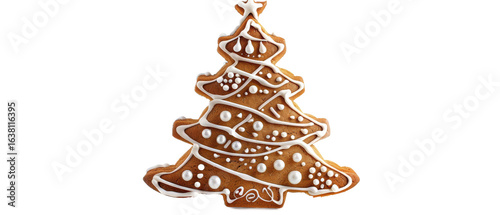A beautifully decorated gingerbread Christmas tree with icing and sugar embellishments, set against a plain background, perfect for holiday-themed culinary displays or festive celebrations