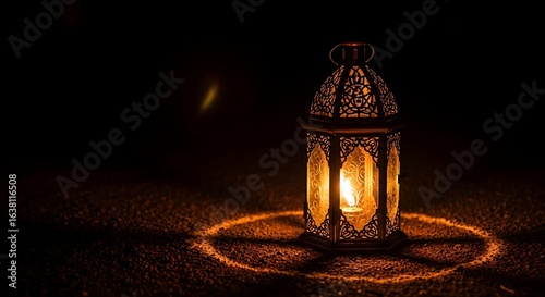 Captivating ornate lantern glows with warm light, casting intricate shadows on textured ground at night.