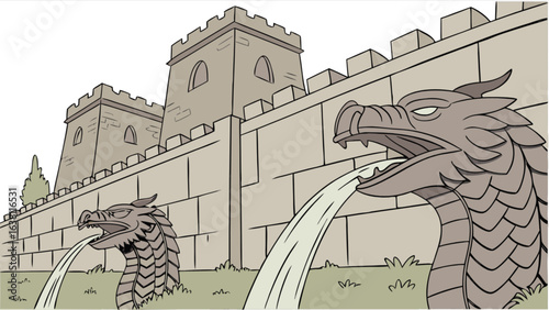 Explore the great wall of china drawing with dragon head fountains and ancient architecture design art