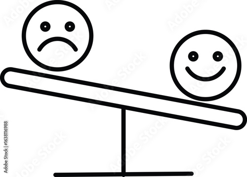 Seesaw with happy and sad faces icon, mental health emotional balance psychology outline illustration vector art with transparent background