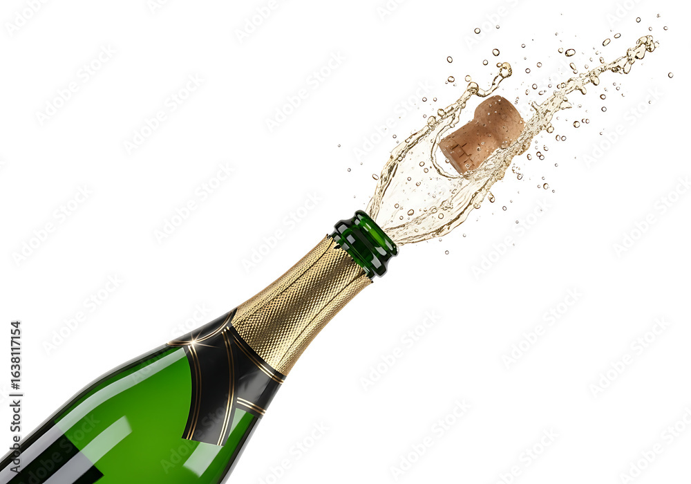 Fototapeta premium Champagne bottle cork popping with a splash isolated on transparent background