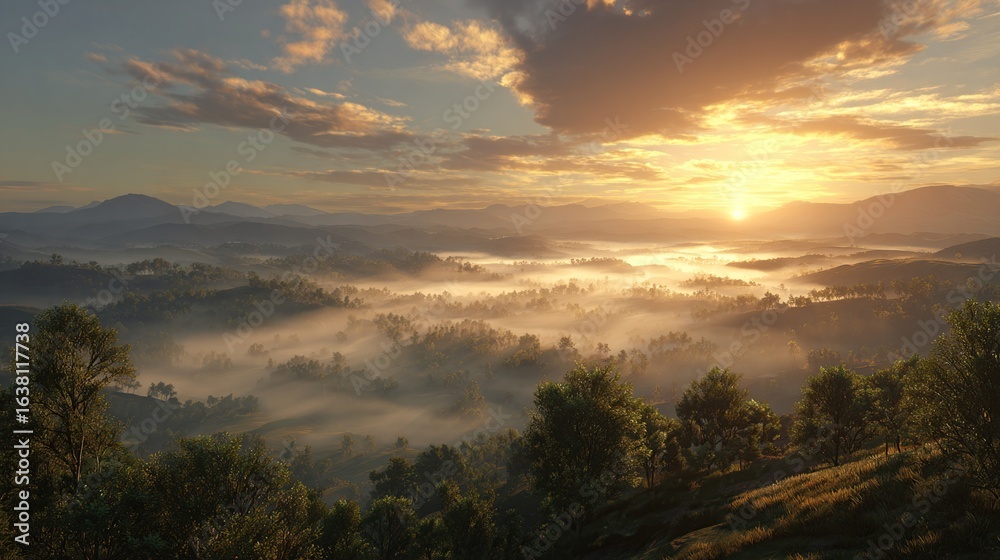 Fototapeta premium Misty valley illuminated by sunrise; trees and mountains in the background