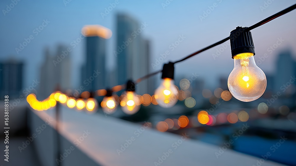 City skyline is lit up with lights, creating a warm and inviting atmosphere. The lights are strung along a white railing, illuminating the area below. Concept of community and togetherness City skyline is lit up with lights, creating a warm and inviting atmosphere. The lights are strung along a white railing, illuminating the area below. Concept of community and togetherness