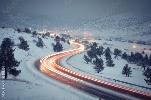 Snowy mountain road at night, car lights trails