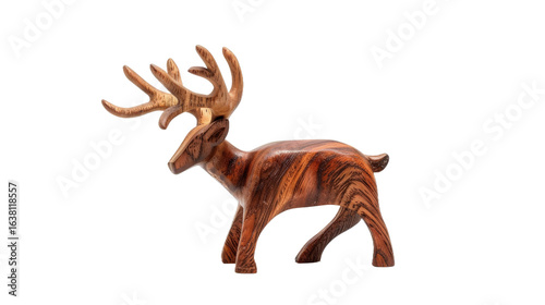 A beautifully crafted wooden deer figurine showcasing intricate details and natural wood grain, positioned against a plain background, ideal for home decor or artistic display