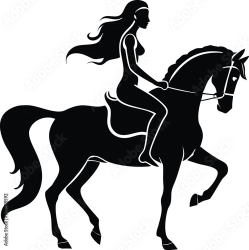 Silhouette of a woman with flowing hair riding a horse, side view, black on white, elegant, stylized, creating a strong, graceful, and powerful impression.
