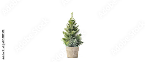 A vibrant green potted artificial Christmas tree stands upright on a simple white background, creating a festive atmosphere perfect for holiday decorations and celebrations