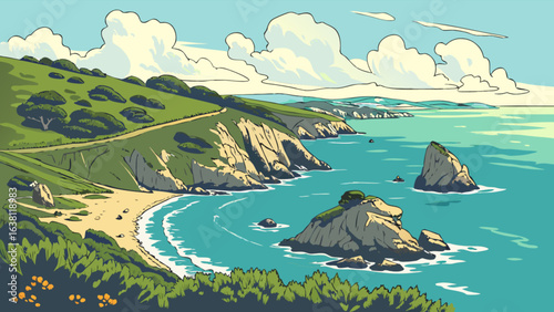 Coastal landscape painting of ocean cliffs and beach scenic view of california coastline with blue water