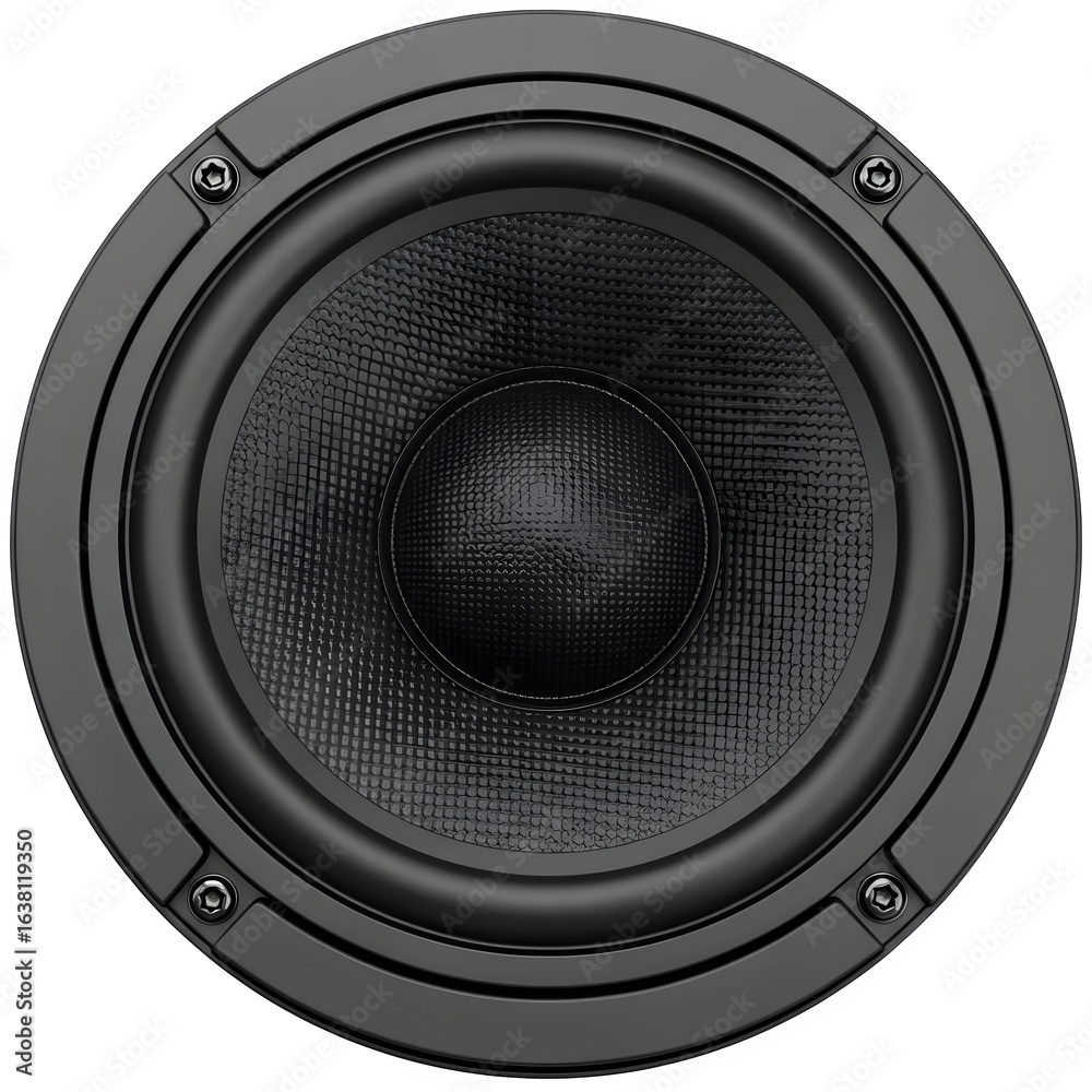 Close-Up Black Speaker Driver with Textured Cone, Isolated on White or Transparent Background Close-Up Black Speaker Driver with Textured Cone, Isolated on White or Transparent Background