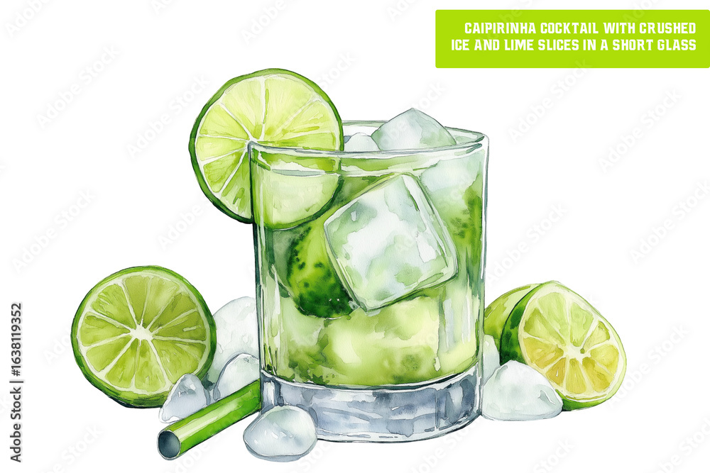 Caipirinha cocktail with crushed ice and lime slices in a short glass. Watercolor illustration isolated on transparent background. Traditional Brazilian drink with cachaca Caipirinha cocktail with crushed ice and lime slices in a short glass. Watercolor illustration isolated on transparent background. Traditional Brazilian drink with cachaca