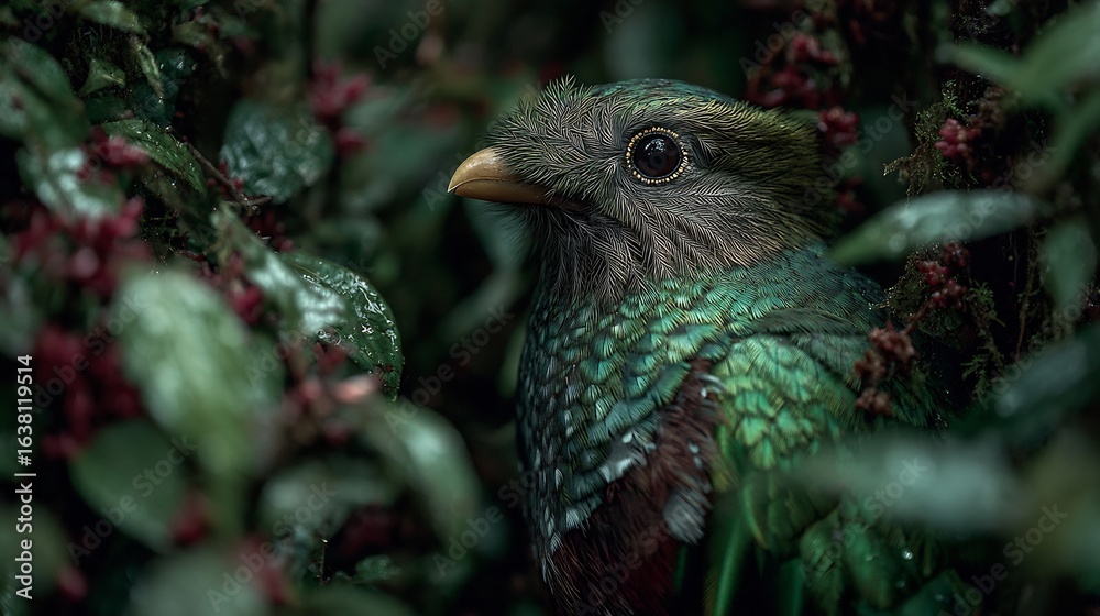 Obraz premium Discover the vibrant plumage of this resplendent quetzal bird hidden amongst lush foliage in the rainforest