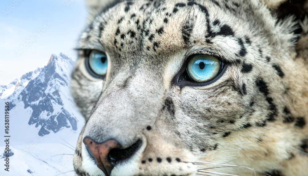 Naklejka premium Close-Up of Snow Leopard Eyes with Mountain Reflection – International Day of the Snow Leopard