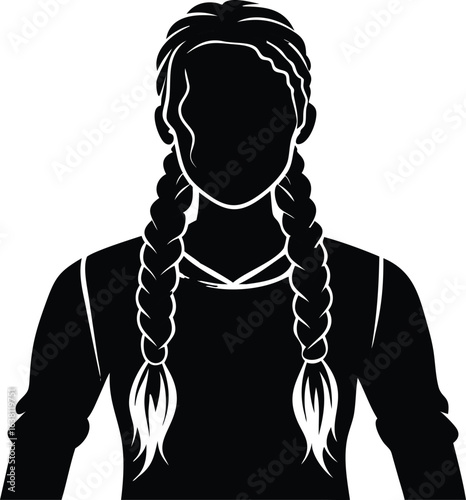 A silhouette of a woman with braided pigtails, wearing a long-sleeved shirt, against a stark white background, creating a simple, graphic, and anonymous mood.
