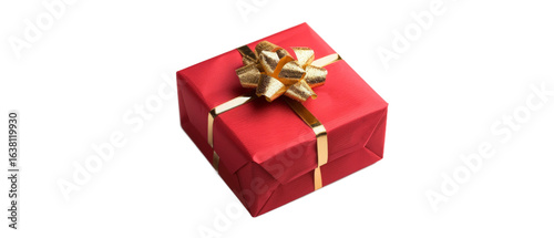A beautifully wrapped red gift box adorned with a golden ribbon and bow, set against a plain background, perfect for holiday celebrations or special occasions