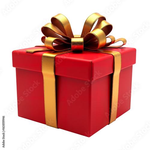 Red gift box with golden ribbon and bow on white background  