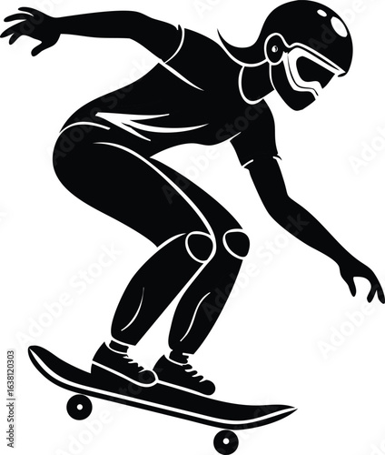 Silhouette of a skateboarder wearing protective gear, dynamically posed on a skateboard, black and white, action shot, energetic mood, close-up view.
