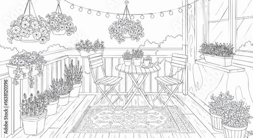 Vector line art illustration of a beautiful, cozy balcony garden. A relaxing scene with outdoor furniture and many flowers for coloring.