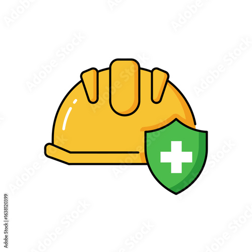 Yellow hard hat with a green shield and white cross symbol, representing construction safety and protection on a job site.