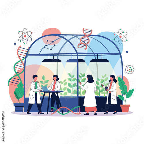 Scientists collaborating in a greenhouse conducting advanced plant science research and development experiments