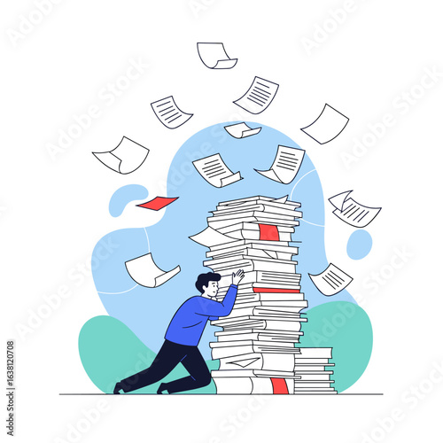 Overwhelmed businessman struggling with massive stack of papers and documents in office chaos