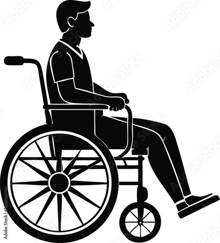 Silhouette of a man in a wheelchair, side view, black on white, simple vector illustration, clean lines, calm mood, focused on mobility.