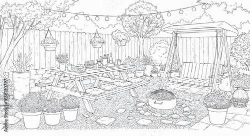 Hand-drawn sketch of a cozy backyard patio with a picnic table, fire pit, and garden swing for outdoor living