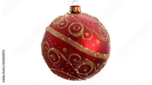 A vibrant red Christmas ornament adorned with intricate golden swirls and sparkles, suspended against a neutral background, evoking festive cheer and holiday spirit