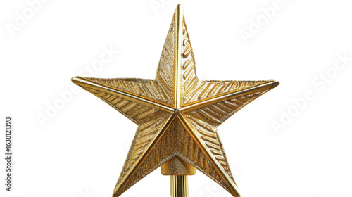 A detailed golden star ornament featuring intricate carvings, positioned upright against a plain background, symbolizing achievement and excellence, ideal for awards or recognition events