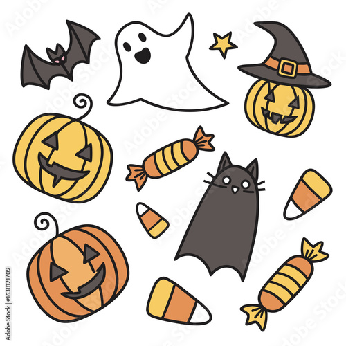 Cute Halloween Cartoon Vector Collection – Ghosts, Pumpkins, Witches, Monsters, and Spooky Scenes